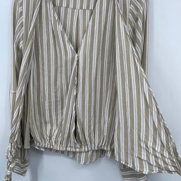 Elan Top Women's M Tan White Stripe Cross Over‎ Tie Front Roll Tab Sleeve Breezy - Picture 2 of 10